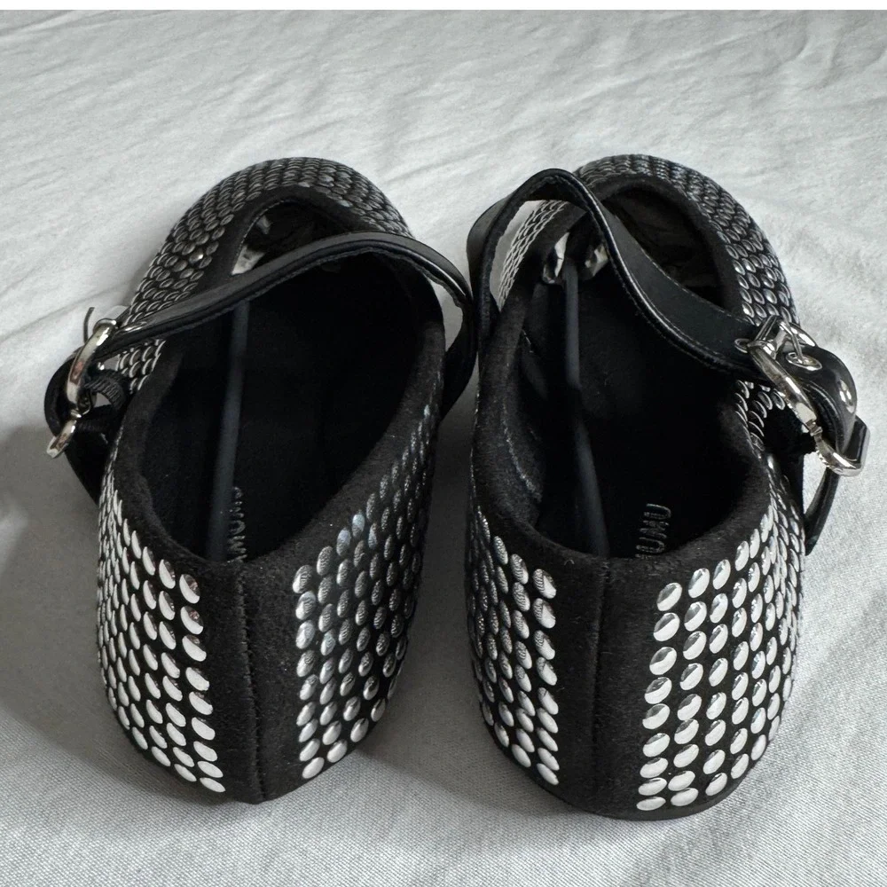 Studded Mary Jane Flats Black Silver Buckle Punk Ballerina Shoes Womens 37 6.5-7
